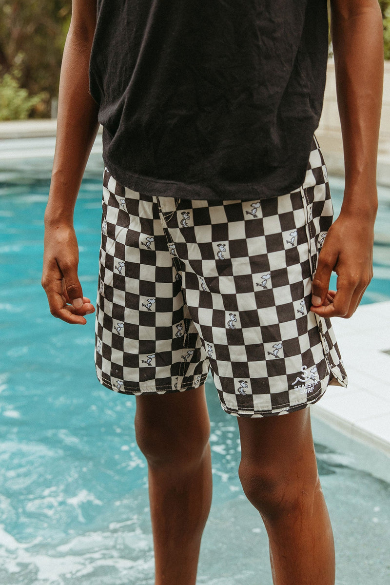 Seaesta Surf x Peanuts® Black & White Checkerboard Board Shorts